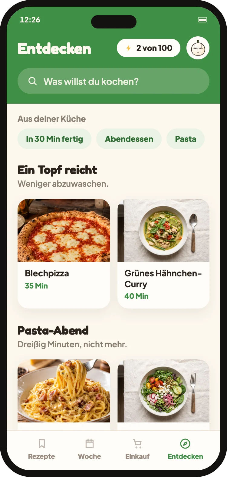 Der Entdecken-Bereich mit neuen Rezepten