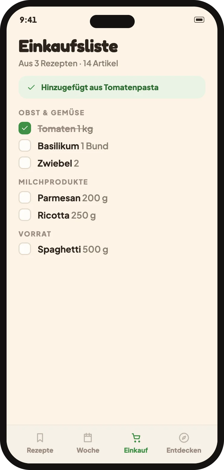 Die zusammengefuehrte Einkaufsliste