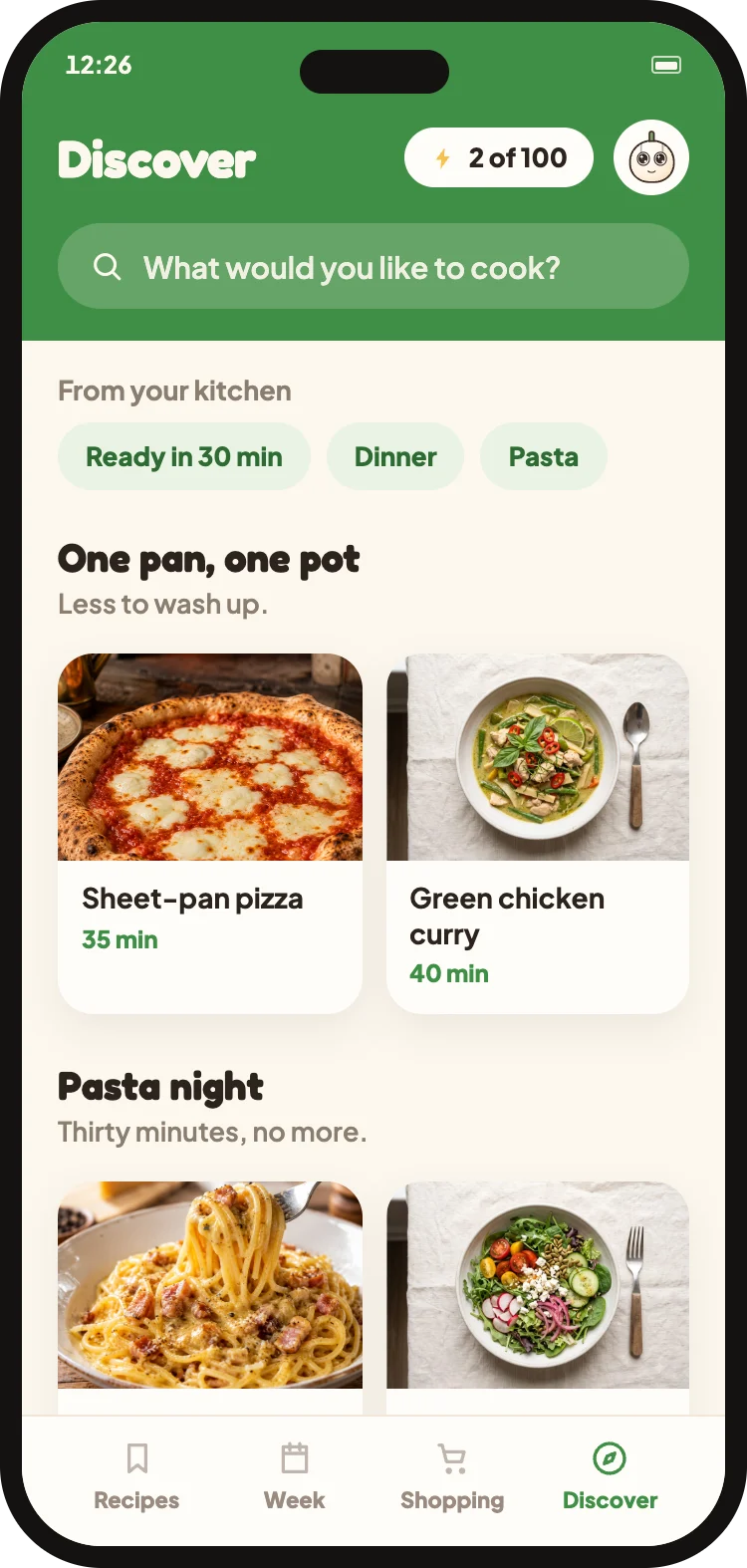 The Discover tab with new recipes