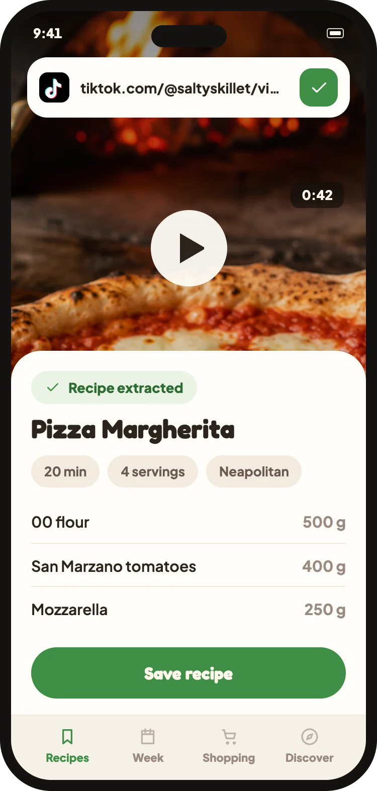 Paste the link and Cucinario reads the video
