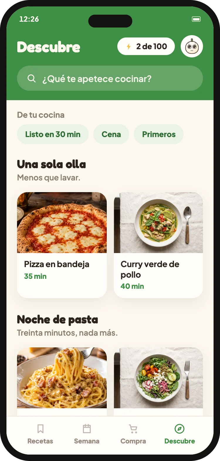 La sección Descubre con recetas nuevas
