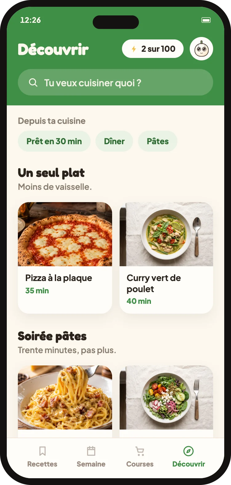 La section Découvrir avec de nouvelles recettes