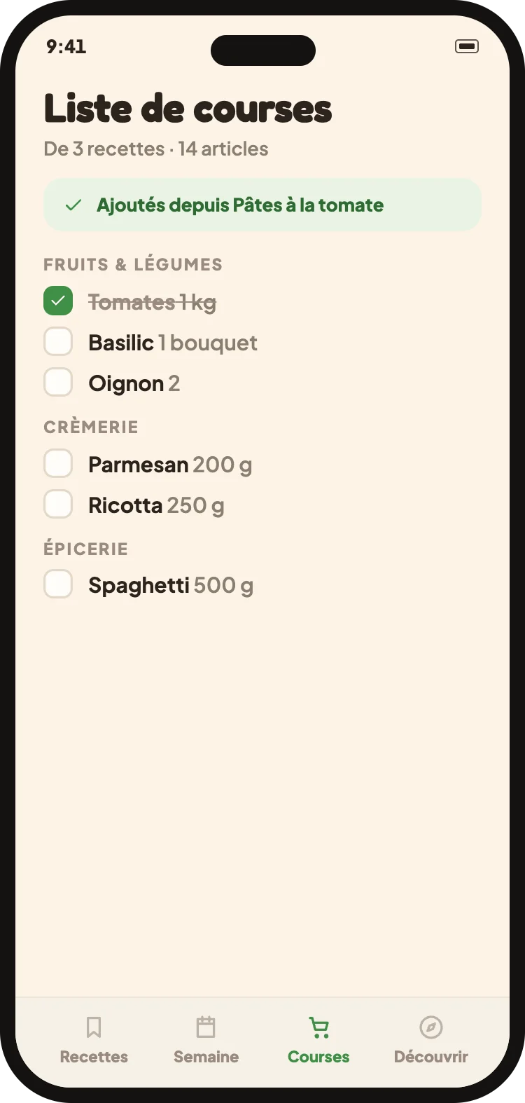 La liste de courses fusionnee